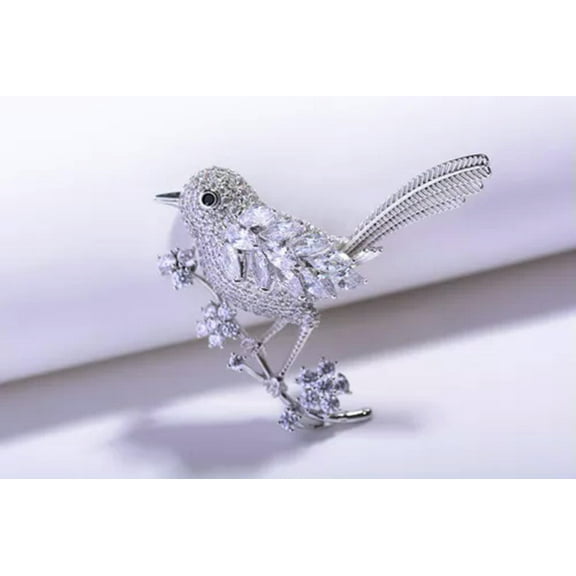 HOOUN Woman's Vintage Yellow Hummingbird Bird Flower Brooch Pin Zircon Crystal-White