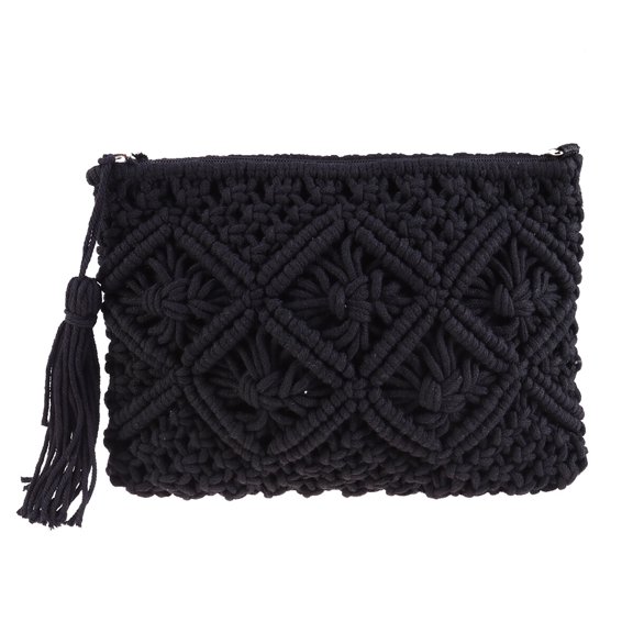 Cotton Woven Handbag with Tassel Hollow Clutch Bag for Women Beach Black Stylish and Lightweight