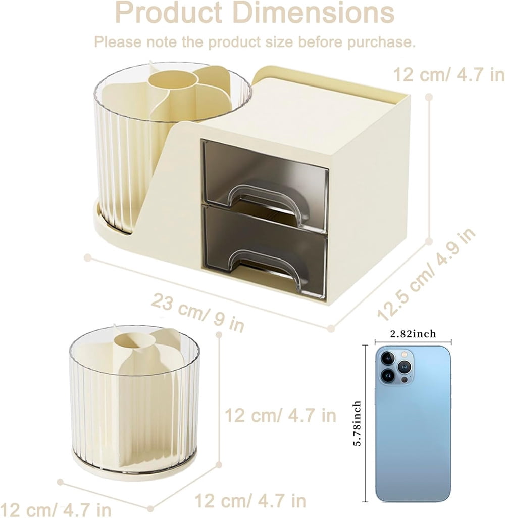 Duslogis Desk Organizer with 2 Drawer, 360°Rotating Pen Holder for Desk, Desk Organizers and Accessories with 6 Slots Pencil Organizer, Art Supply Storage Box Caddy for Office (White)