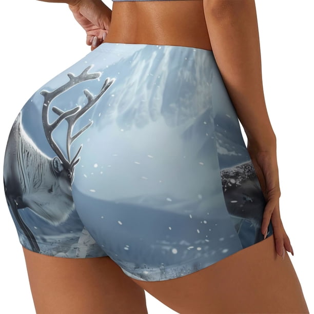 Balery Winter Reindeer In Snowy Mountains Pantalones cortos de entrenamiento estampados para mujer, sin costuras, ajustados, para gimnasio, yoga, correr, deportes, ejercicio activo, fitness.-Medium