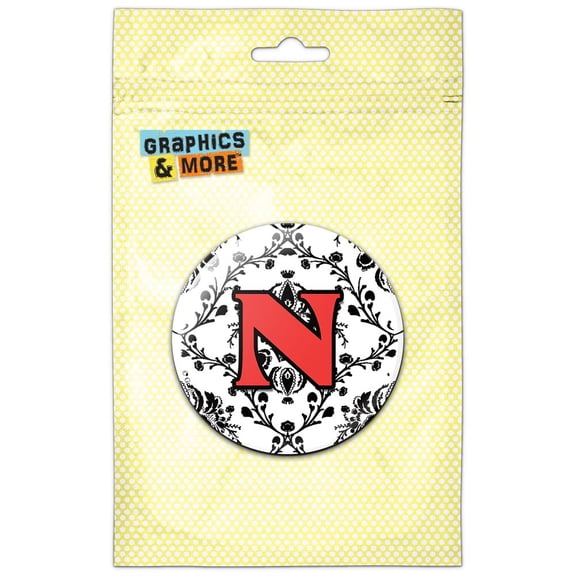 Letter N Initial Damask Elegant Red Black Pinback Button Pin Badge