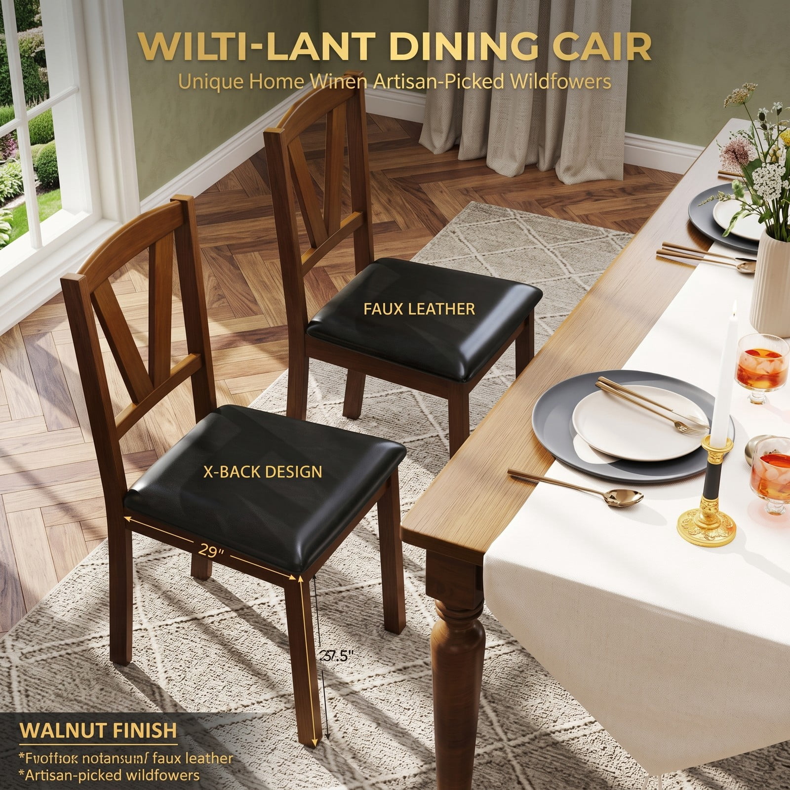 Furnibear Wooden Dining Chair Set of 2, PU Leather Upholstered Kitchen Side Chairs with Rubber Wood Frame, V-Shaped Backrest, Padded Seat for Home Restaurant, Brown