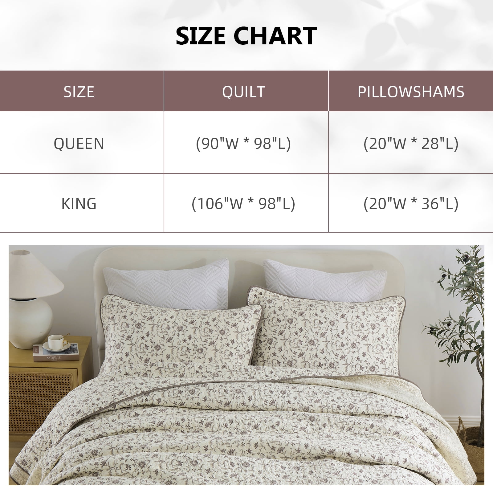 PANGUSHAN 100% Cotton Quilt King Size, King Quilt Bedding Set Quilted Bedspreads, Lightweight Reversible Floral Comforter for King Bed, All Season, Beige/Brown, 3 Pieces