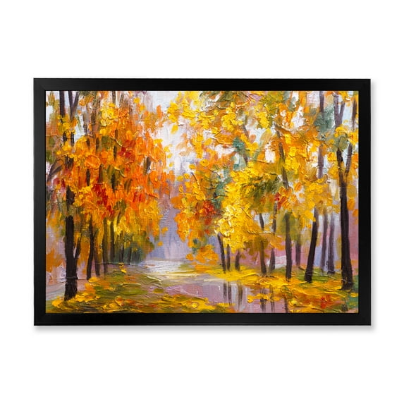 Designart 'Forest Full Of Fallen Leaves In Autumn Along River' Lake House Framed Art Print