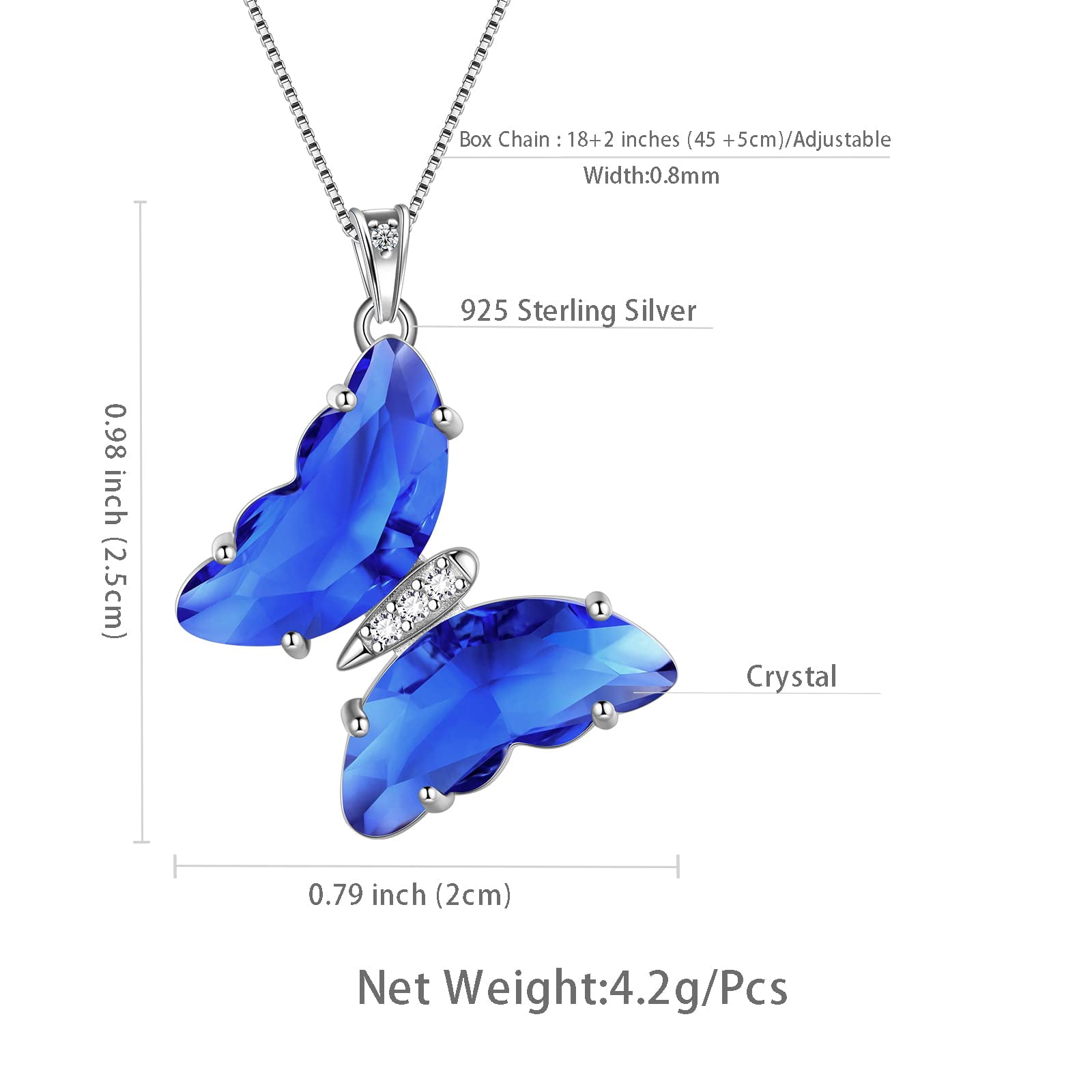 Blue Butterfly Necklace Sapphire September Birthstone Necklace Pendant 925 Sterling Silver Women Birthday Mother's Day Gifts Crystal Jewelry Juwaliy