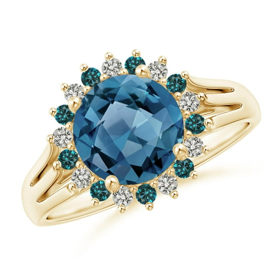 ANGARA Natural 2.45 ct London Blue Topaz Triple Shank Ring with Alternating in 14K Yellow Gold for Women (Size-8mm) | November Birthstone Jewelry for Women | London Blue Topaz Ring (Ring Size- 7.5)