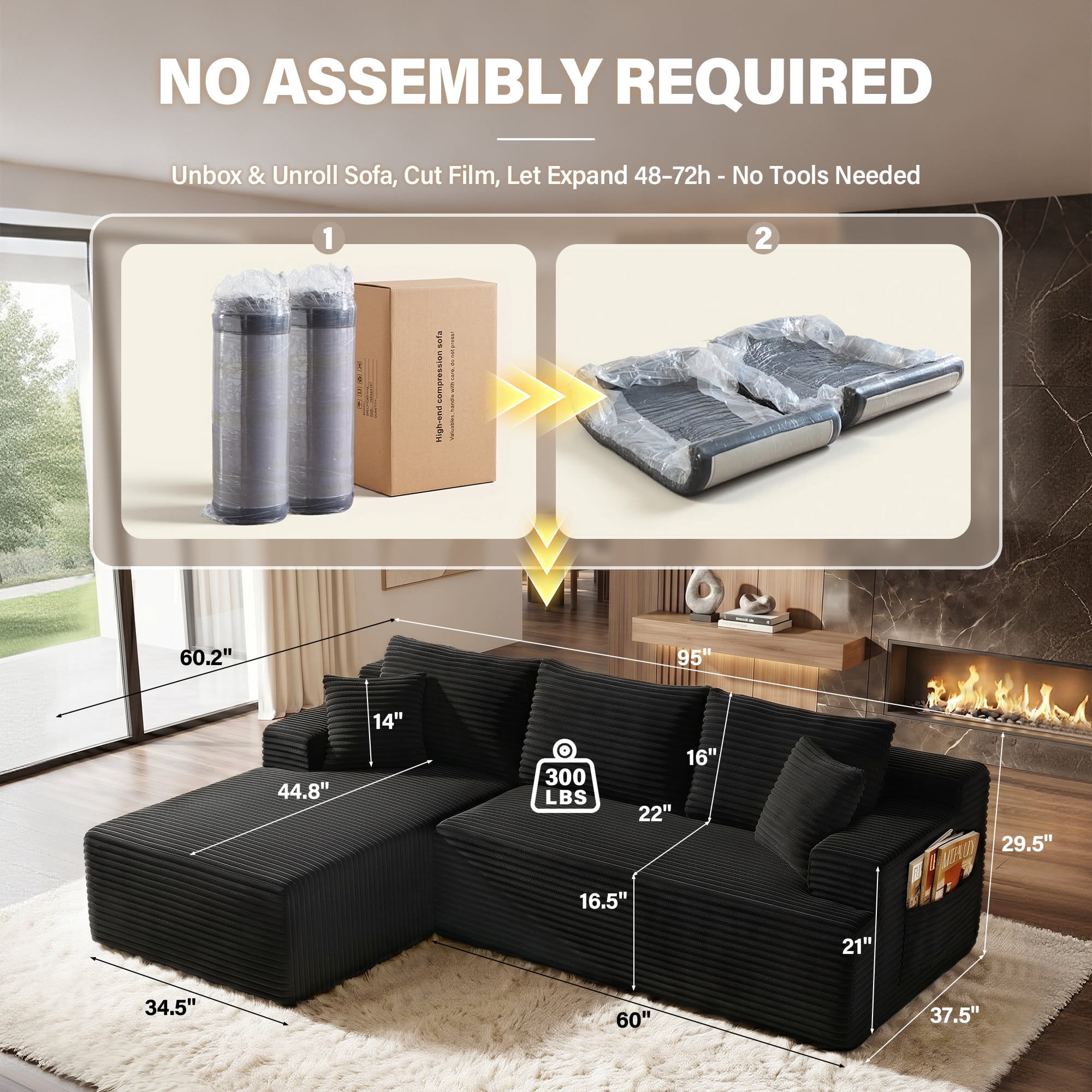 Aukfa 96" Cloud Sectional Couch, Modular L Shaped Boneless Sofa with Left Facing Chaise&2 Storage Pockets, Black