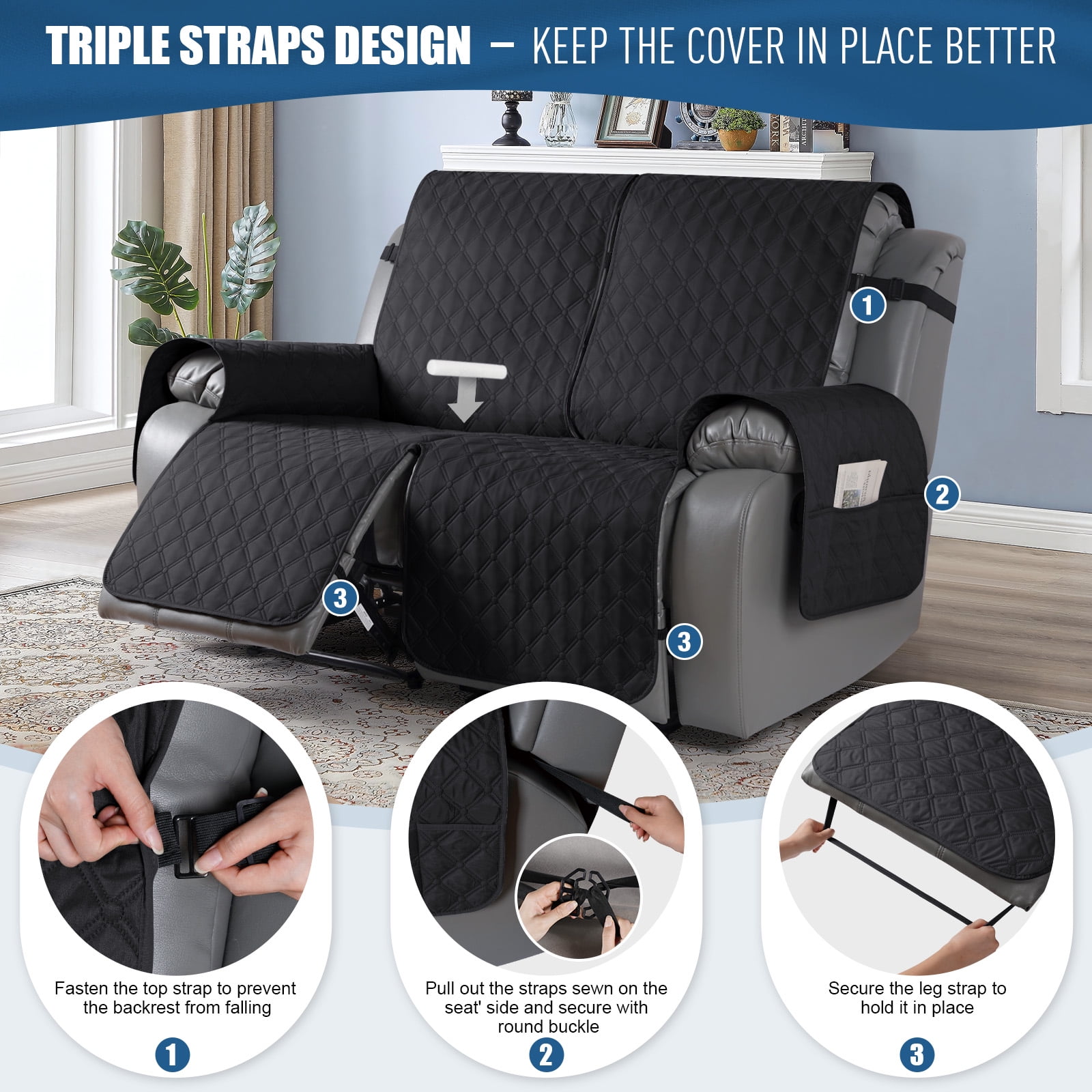 Timeles Waterproof Recliner Covers Loveseat Recliner Sofa Covers with Leg Straps Reversible Recliner Couch Cover for 2 Seat Reclining Chair Washable Couch Protector for Pets Kids (Black)