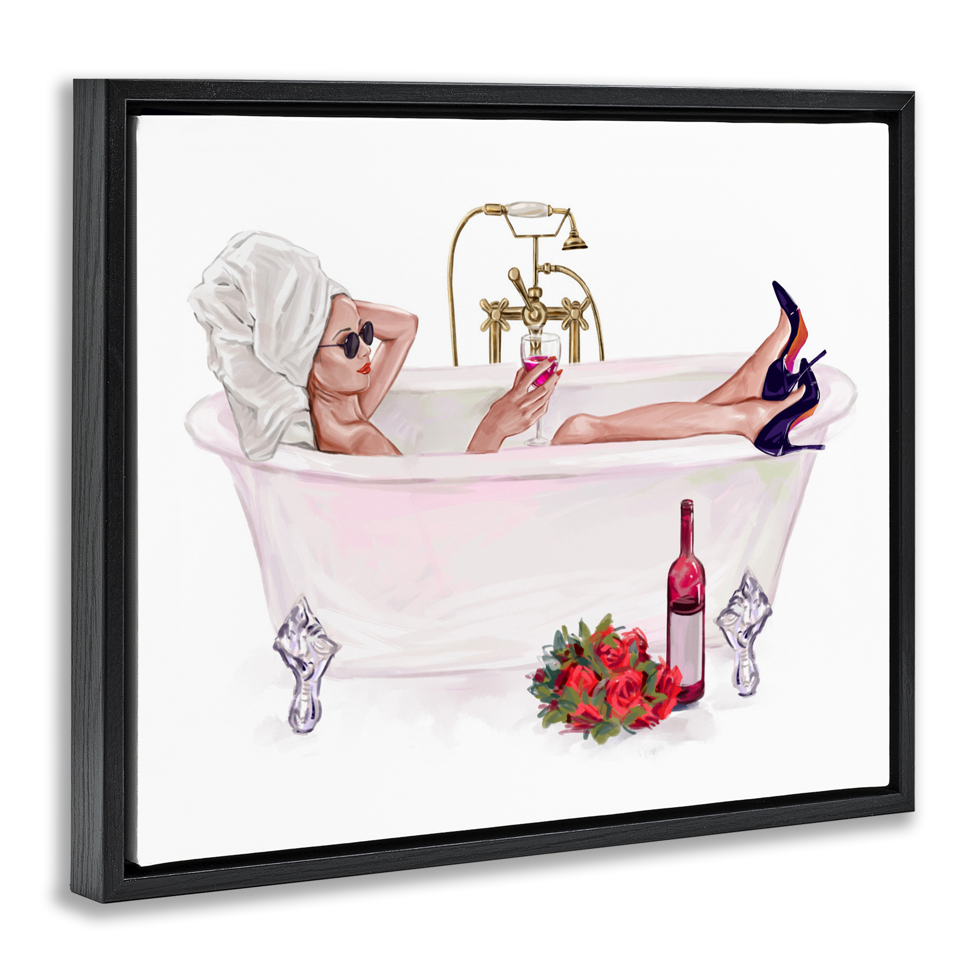 Woman with Wine Bath Black Framed Floater Canvas Wall Art, design by Ziwei Li