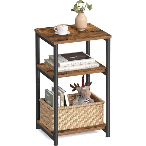 Side Table, Small End Table, Tall Nightstand for Living Room, Bedroom, Office, Bathroom, Rustic Brown and Classic Black