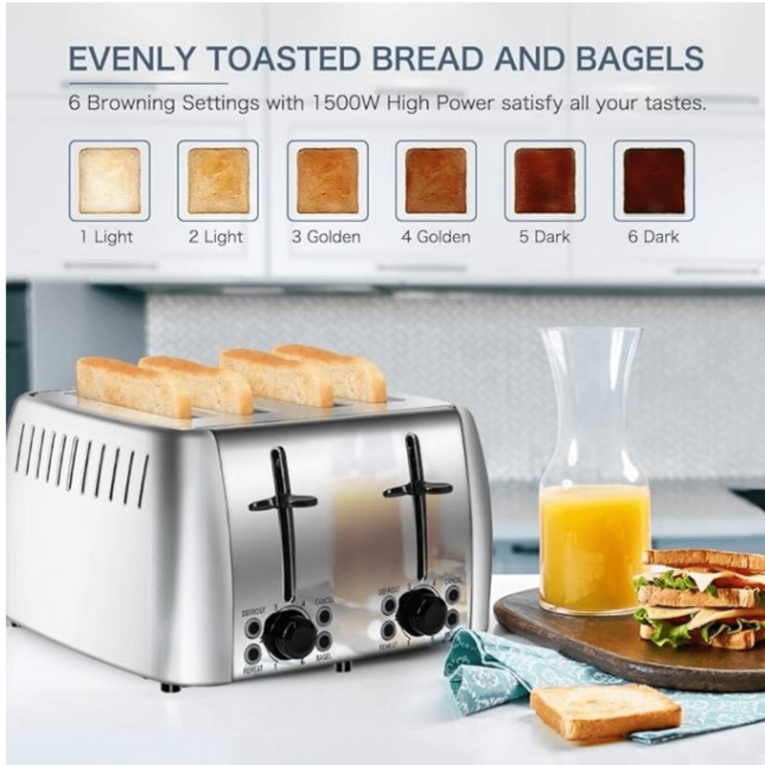4 Slice Stainless Steel Bagel Toaster Extra Wide Slots with 6 Browning Setting, Bagel/Reheat/Defrost/Cancel Function for Toasting Bread, Bagels and Waffles, 1500W, Silver