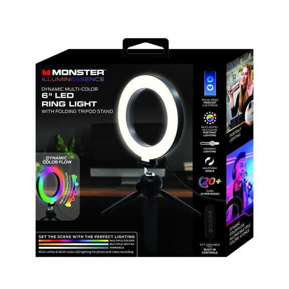 Monster 6” Dynamic Multicolor/White LED Ring Light With Tripod, Ideal For Videos/Streaming