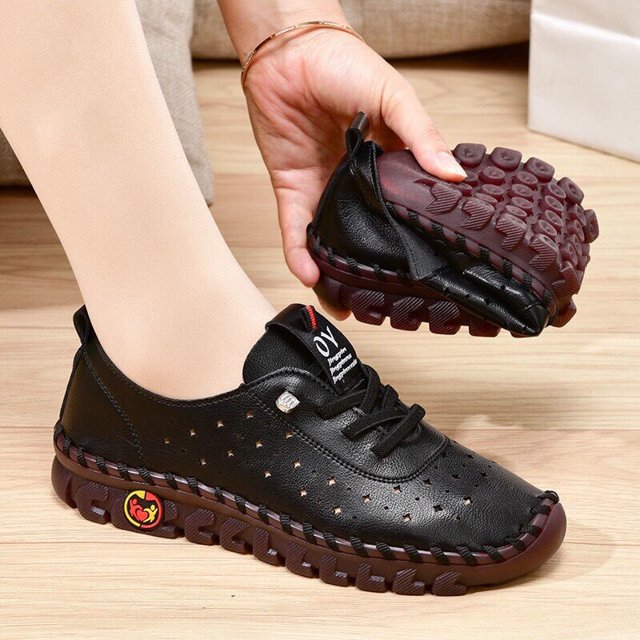 Zapatillas De deporte De cuero para Mujer, mocasines cómodos sin cordones, zapatos De hilo De coser a mano, zapatos De mamá