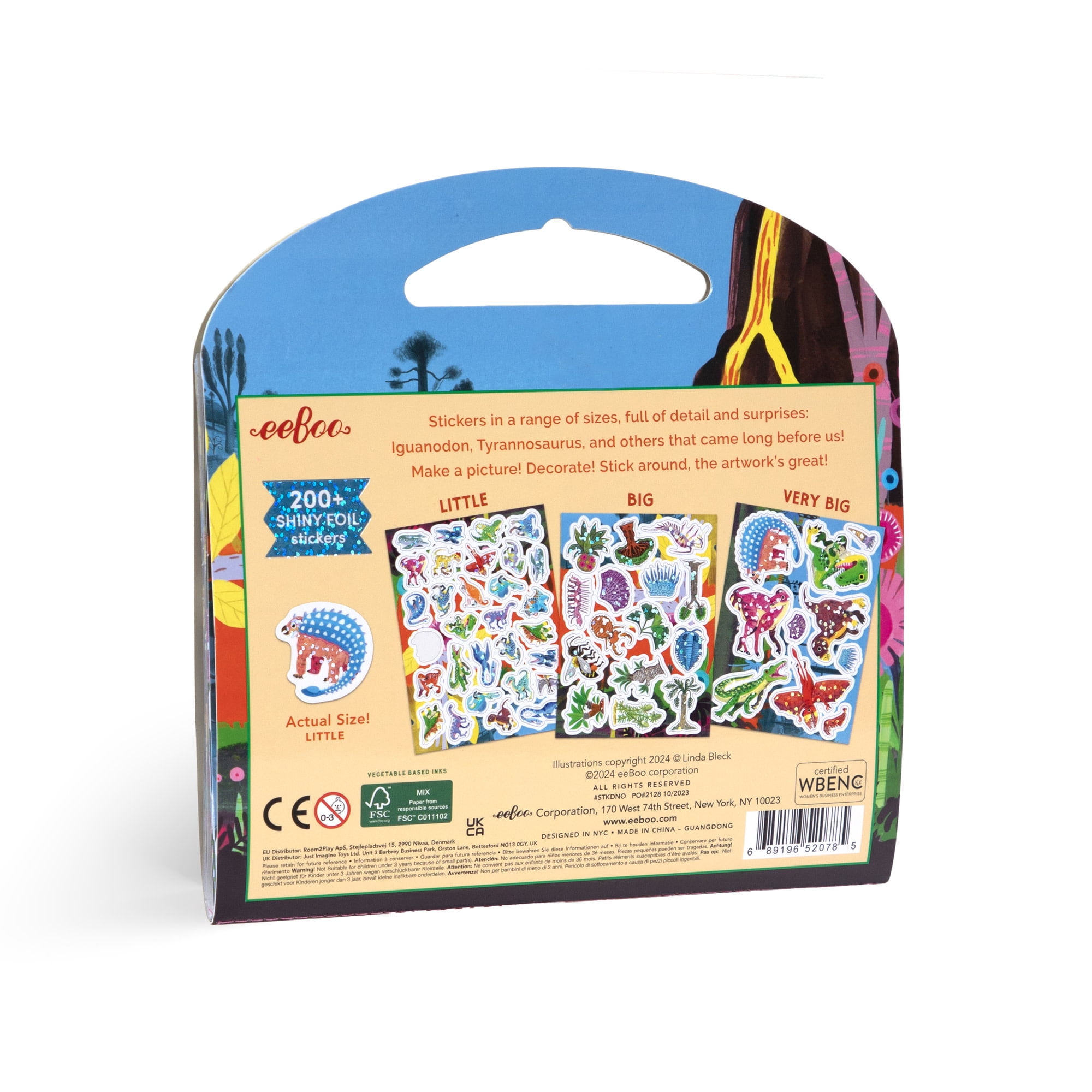 eeBoo: Dinosaur Shiny Sticker Book - 200+ Sparkling Stickers in 3 Sizes, Little-Big-Very Big, Carry Handle, Rainbow Foil, Kids Ages 3+
