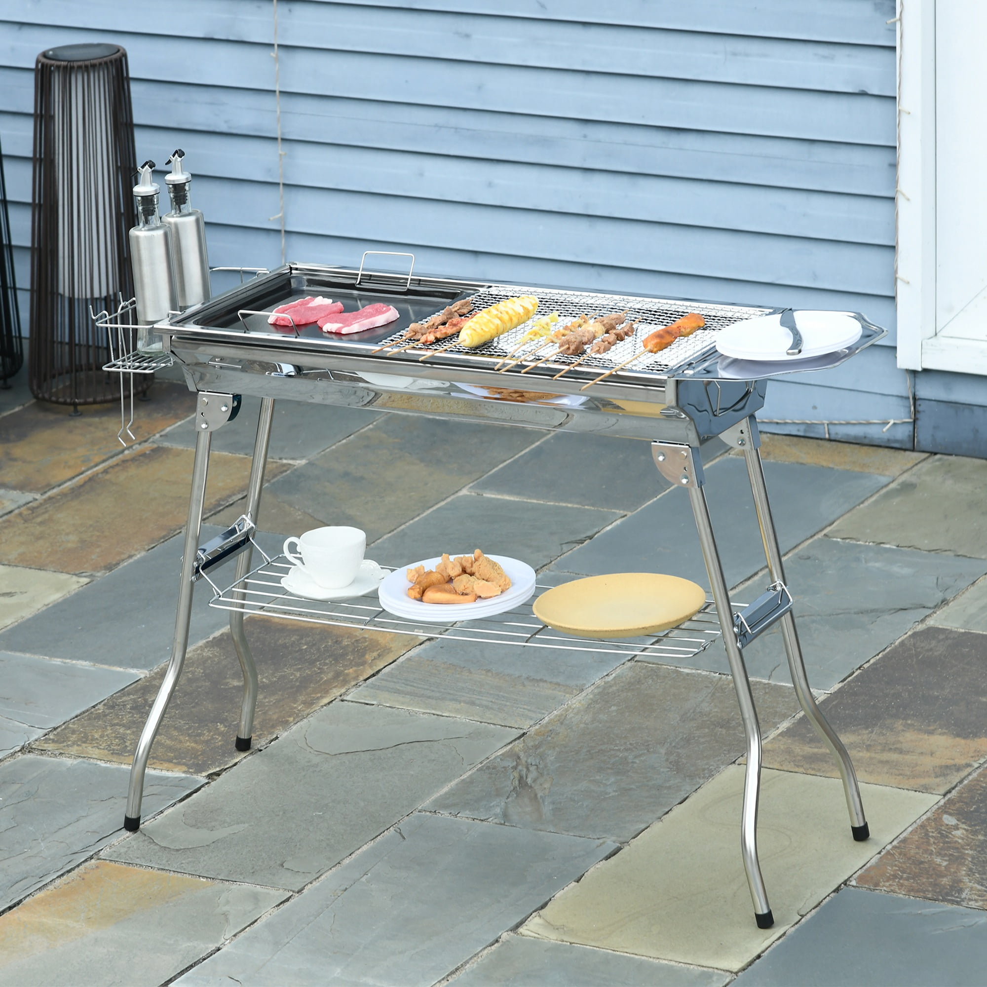BBQ Grill Outsunny Charcoal Grill, Stainless Steel Portable Folding BBQ, Outdoor Hibachi for Backyard Cooking, Camping, Picnic, Party, Tailgating and Travel with Pan, Grill Rack, Shelves, and Hooks,