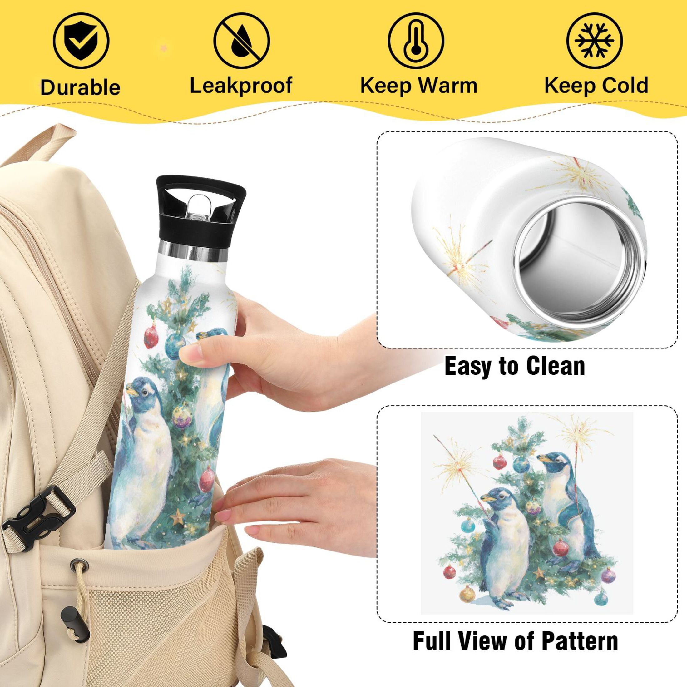 600ML Stainless Steel Insulated Cup Sports Water Bottle Portable Thermos Cup Water Glasses Insulated Tumblers Convenient and Durable Cute Christmas Penguins