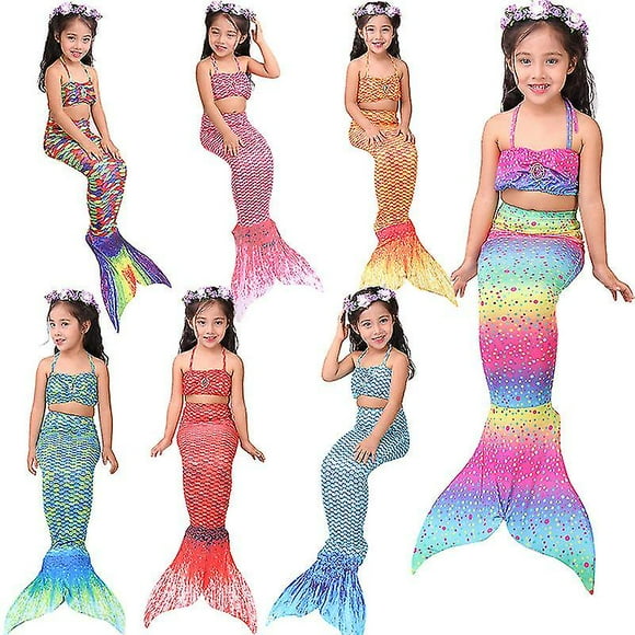 Nouvelle Fille Maillot de Bain Sirène Queue Bikini Ensemble Costume de Cosplay Maillot de Bain Costume -allin-7-8 Ans-Cyan