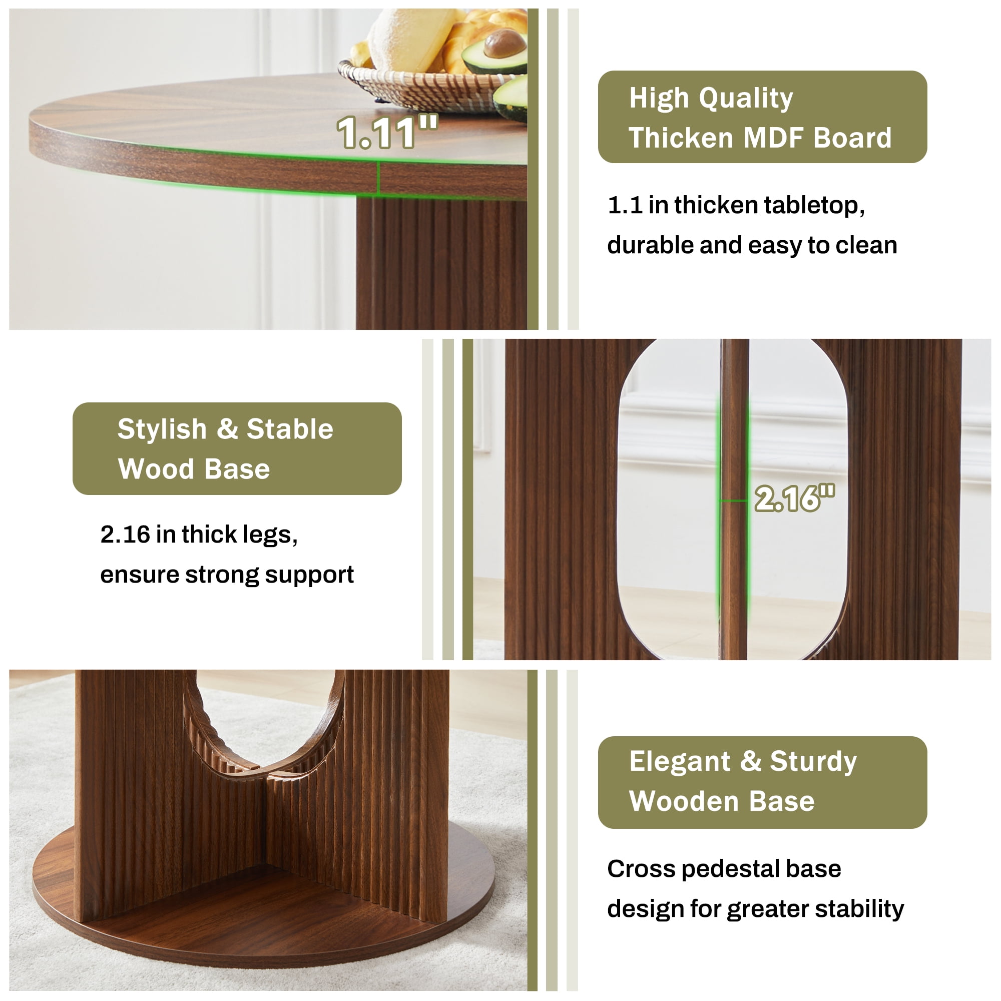 PHOYAL 47 inch Round Dining Table, Circle Kitchen Table for 4-6, Large Wood Dinner Table, Wooden Fluted Pedestal Dinning Table for Dining Room, Mid Century Modern Style, Walnut