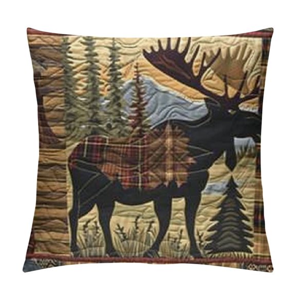 Set SquareRetro Brown Throw PillowCovers Rustic Lodge Bear Moose Decorative Throw Pillowcase for Home Sofa Soft Velvet Cushion Cases House Cabin Pine Nut