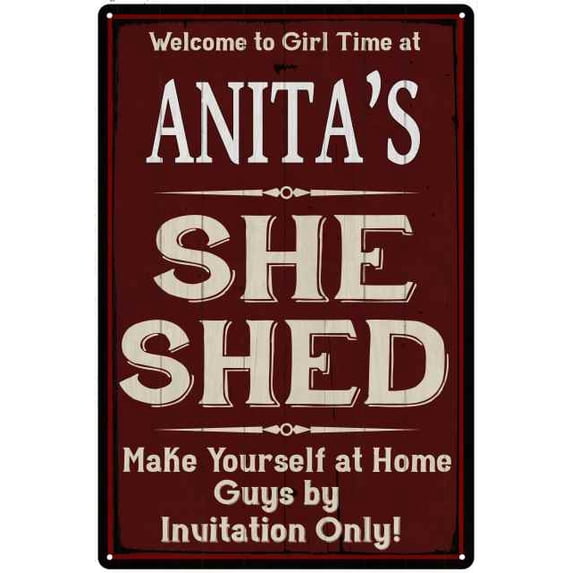 ANITA'S She Shed Sign Red Wall Shack Decor Lady Cave 8 x 12 Matte Finish Metal 108120088139