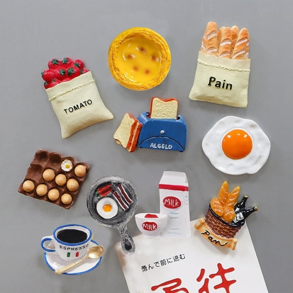 10pcs Cute Fridge Magnets Set: 3D Resin Simulation Food Magnets for Whiteboard, Cute Refrigerator Magnets Home Kitchen Decor, Creative Fun Fridge Magnet Bread Fried Egg Pan Milk Bacon
