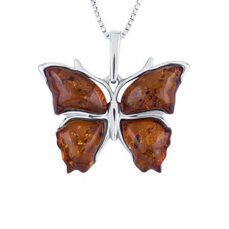 Genuine Baltic Amber Butterfly Pendant Necklace in Sterling Silver, 18"