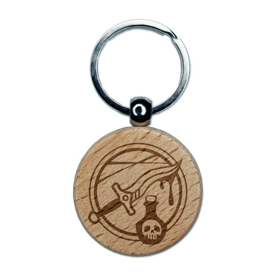 Rogue Poisoned Dagger Round Keychain Charm Tag - Engraved Wood