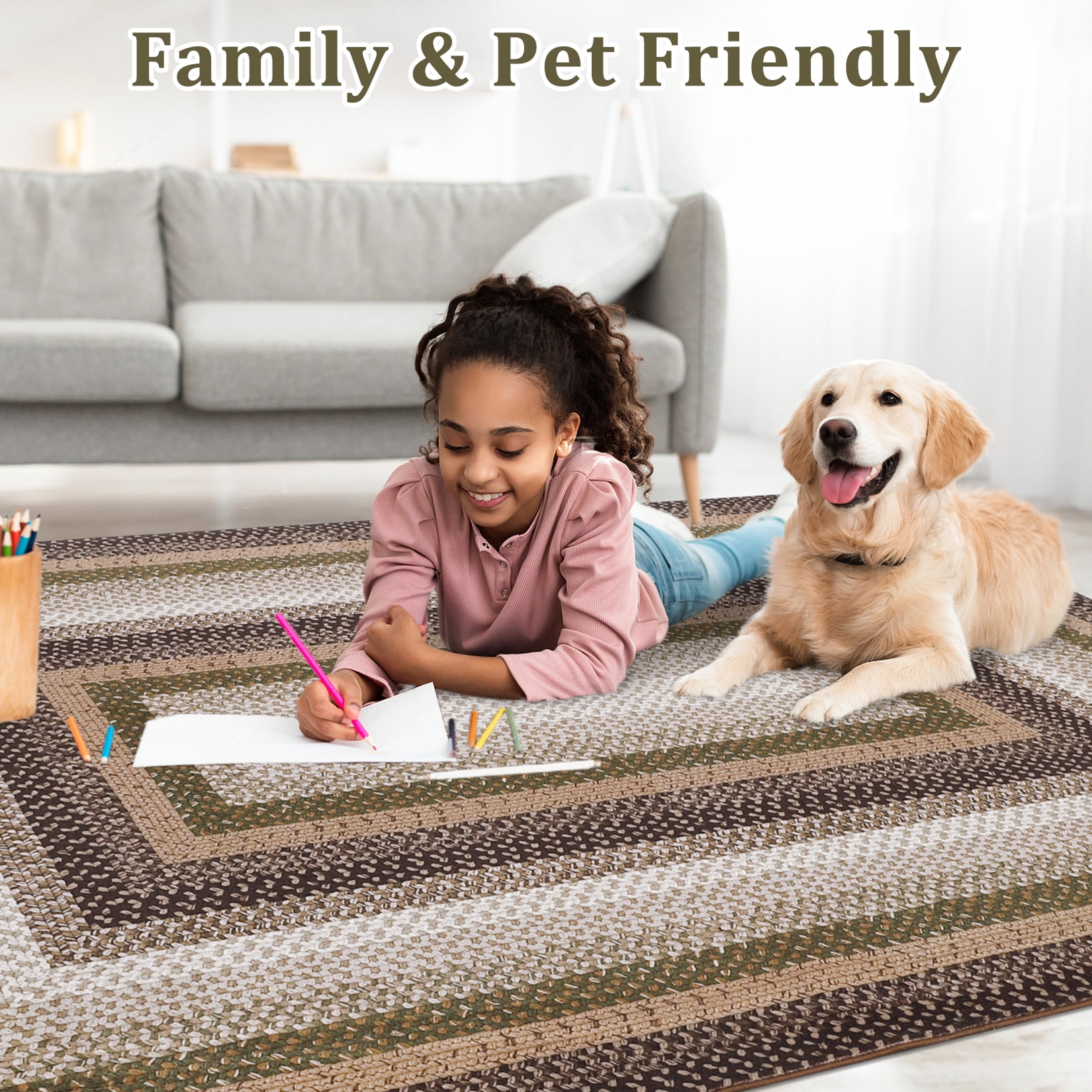 Garvee Modern Washable Braided Print Rugs, 8'x10' Non Slip Farmhouse Floor Carpet Boho Geometric Area Rug for Living Room Bedroom, Brown and Green