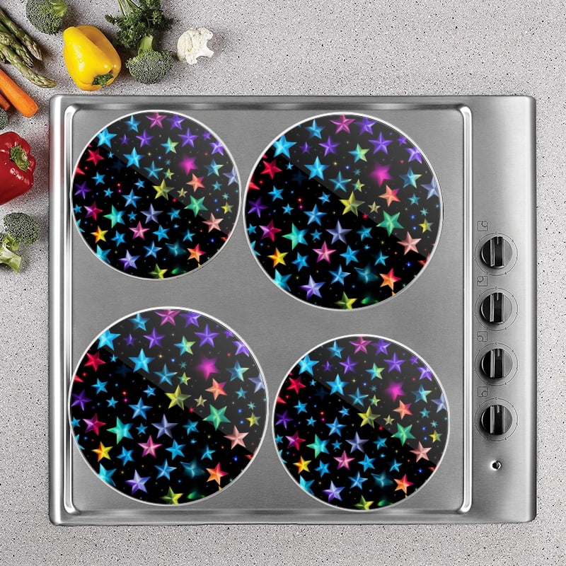 Bahomeck Electric Stove Burner Covers Set Of 4,Colorful Stars Pattern On Black Background Metal Gas Stove Burner Covers,Protecting Gas Stoves,8 Inch And 10 Inch