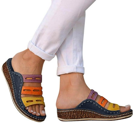 

Women s Ladies Fashion Mixed Color Slip On Wedges Sandals Casual Slipper Shoes