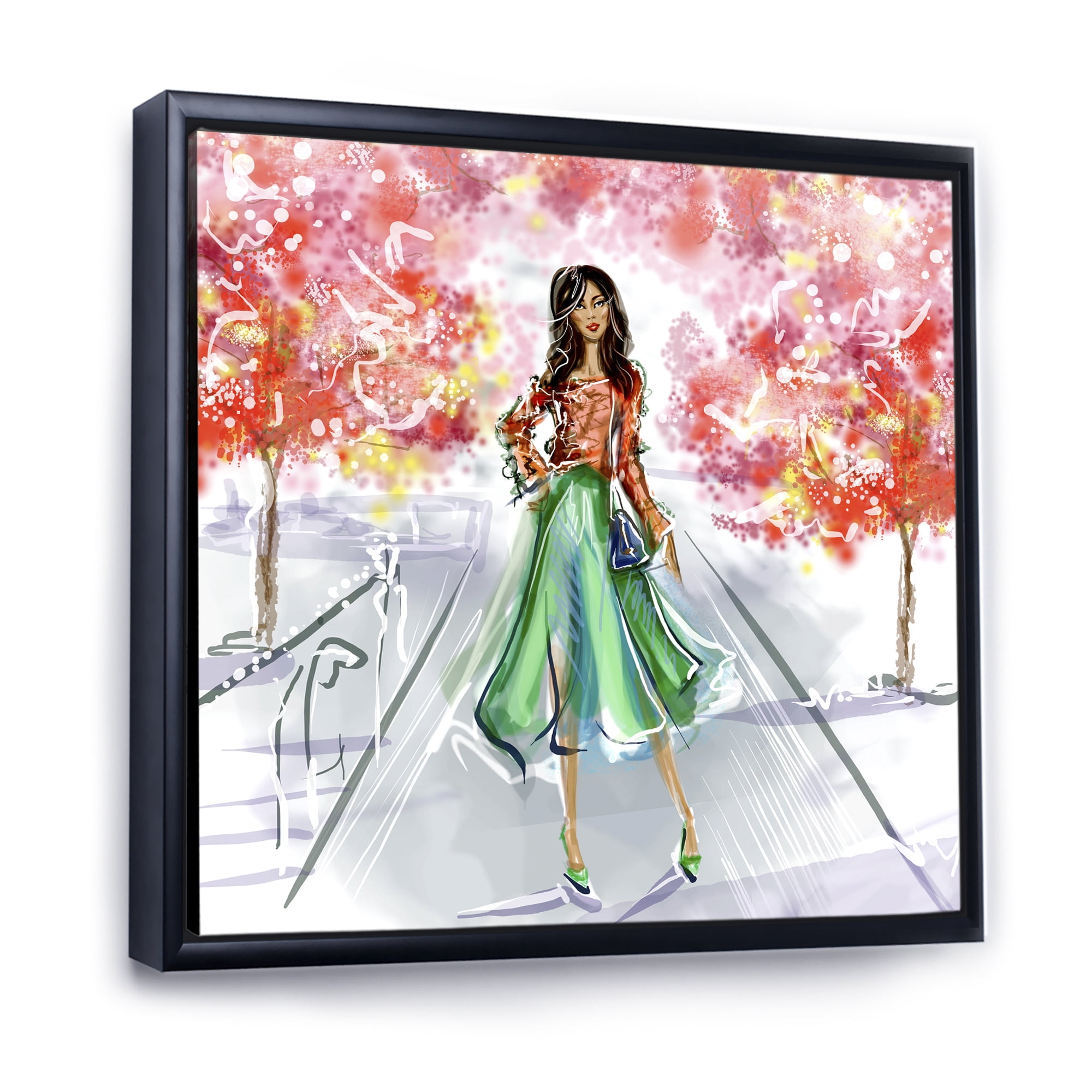 Designart 'Beautiful Woman Wearing Fashionable Clothes In Park' Traditional Framed Canvas Wall Art Print