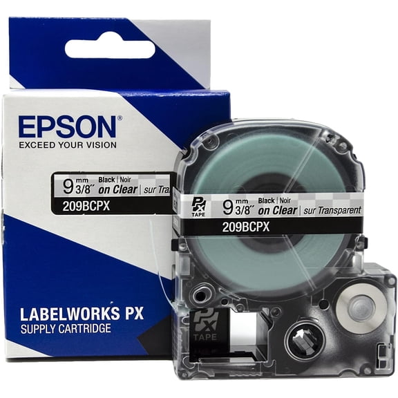 Epson LABELWORKS 209BCPX - Black on Clear PET Label Maker Tape - 3/8" (9MM) Wide, 30'