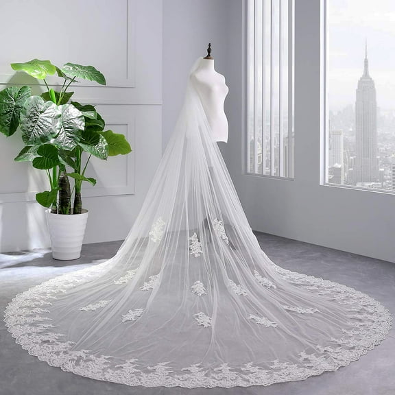 EllieWely 2 Tier Wedding Veil Cathedral Length 3.5 M(138 inch) Lace Bridal Veil With Metal Comb L80 White