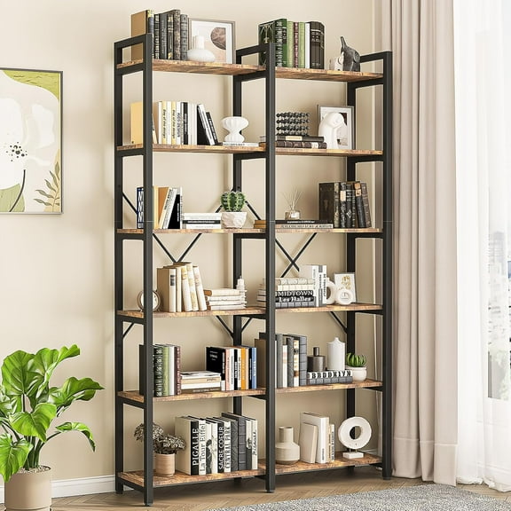 Hyxoo Bookshelf 6 Tier, 71.5'' Industrial Wood Bookshelves, Book Shelf with 12 Open Display Shelves & Metal Frame, Tall Bookcase for Home and Office, Rustic Brown