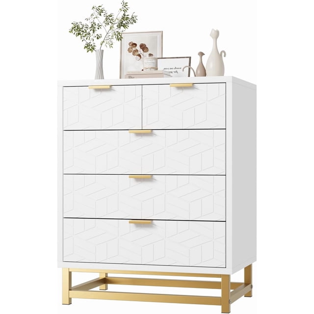 Commode Blanche pour Chambre, Commode 5 Tiroirs avec Grand Rangement, Organisateur de Coffre Moderne avec Pattes en Métal, Commode pour Chambre, Salon, Entrée
