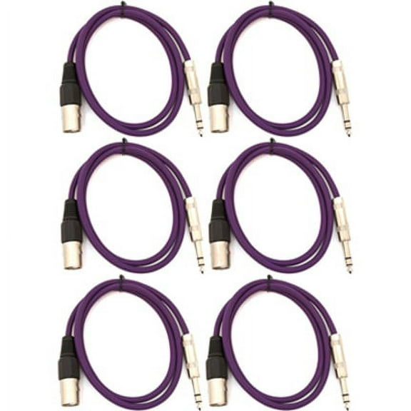 Seismic Audio SATRXL-M3, 6 Pack of Purple 3' XLR Male to TRS Patch Cables