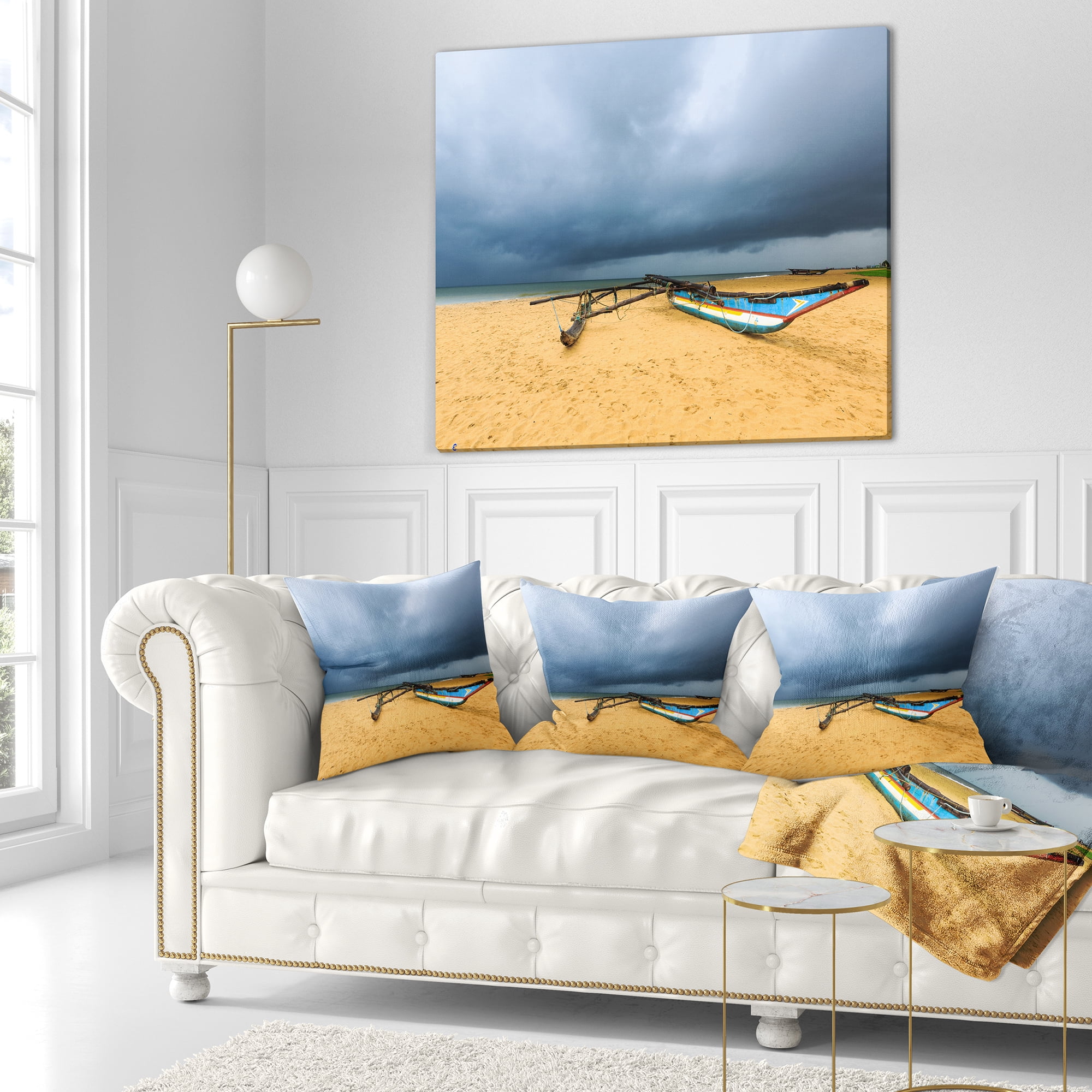 Designart Beach with Dark Clouds above Ocean - Seashore Throw Pillow - 18x18