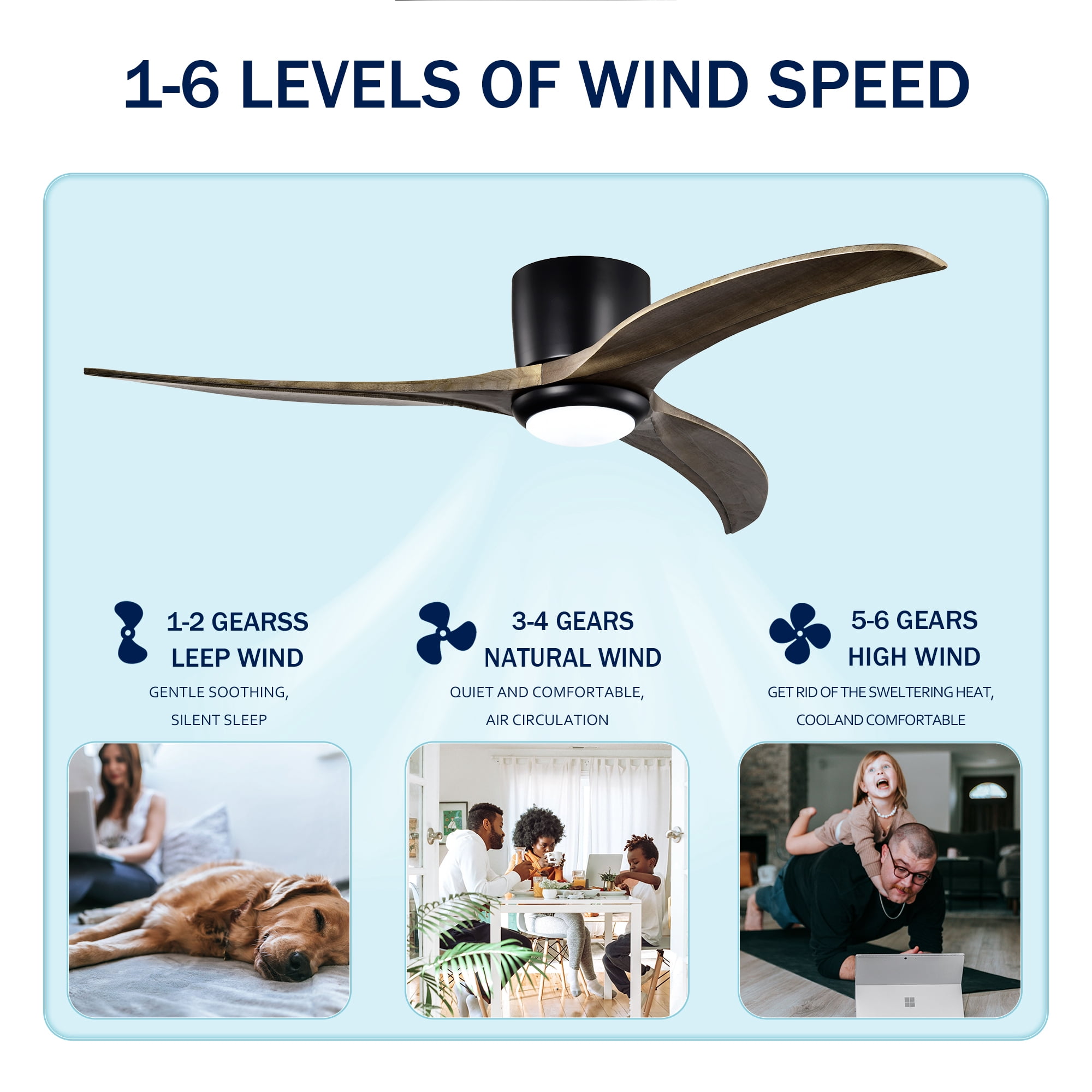 Leumius 52" Solid Wood Blades Ceiling Fan with Light and Remote Control, Noiseless Reversible Motor, 6 Speed for Patio Living Room, Bedroom Black