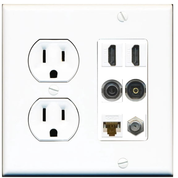 Ultra Spec Cables 2 Port HDMI Coax Cat6 3.5mm Toslink Wall Plate w/Round Power Outlet
