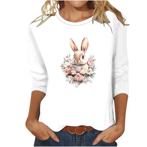 Otoño 3/4 Manga Tops para las Mujeres 2025 Pascua Impreso Cuello Redondo, Suelto Casual Camiseta de Poliéster