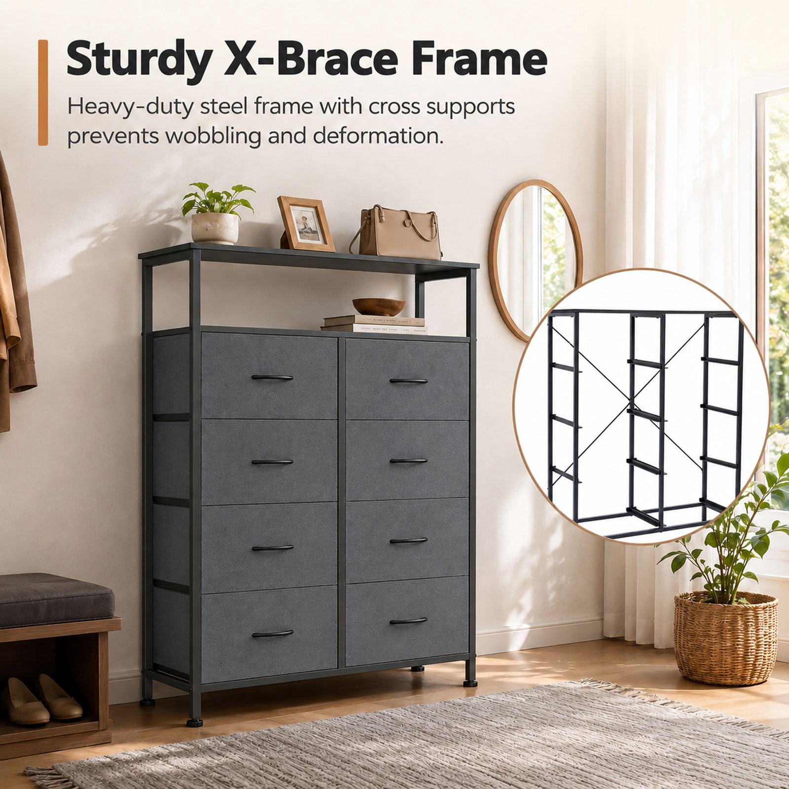 Alvantor 8-Drawer Fabric Dresser with Open Shelf, Chest of Drawers, Steel, MDF, Storage Organizer Unit, Closet, Entryway