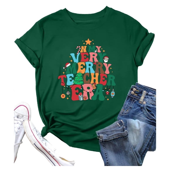 LUOGENLI Female T-shirts for Womens Women's Christmas Letter Print Round Neck Short Sleeve T Shirt Top T-shirts for Women Graphic Tee Funny Summer Clothes Green L