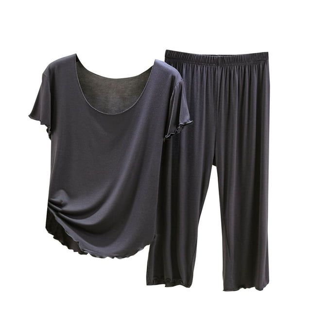 Timegard Ensembles de Pyjamas pour Femmes Été Col Rond Manches Courtes Haut Pantalon à Jambe Grand Loungewear Doux Tenues Décontractées de Pjs