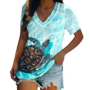 RQYYD Women's Sea Turtle Print T Shirt Short Sleeve Seaworld Pattern V Neck Plus Size Tshirt Casual Vacation Beach Pullover Tops(White,XXL)