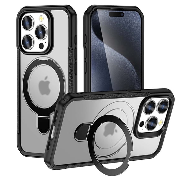 For iPhone 16 Pro Max Magnetic Phone Case,Built-in Contractile Ring Kickstand,Compatible with Mag-safe,Military Drop Protection,Heavu Duty Shockproof Rugged Phone Case,Black Transparent White