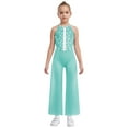 thumbnail image 2 of YUUMIN Kids Girls Shiny Rhinestone Sleeveless Wide Leg Jumpsuit Gymnastics Dance Bodysuit Tumbling Leotards Light Green 6, 2 of 6