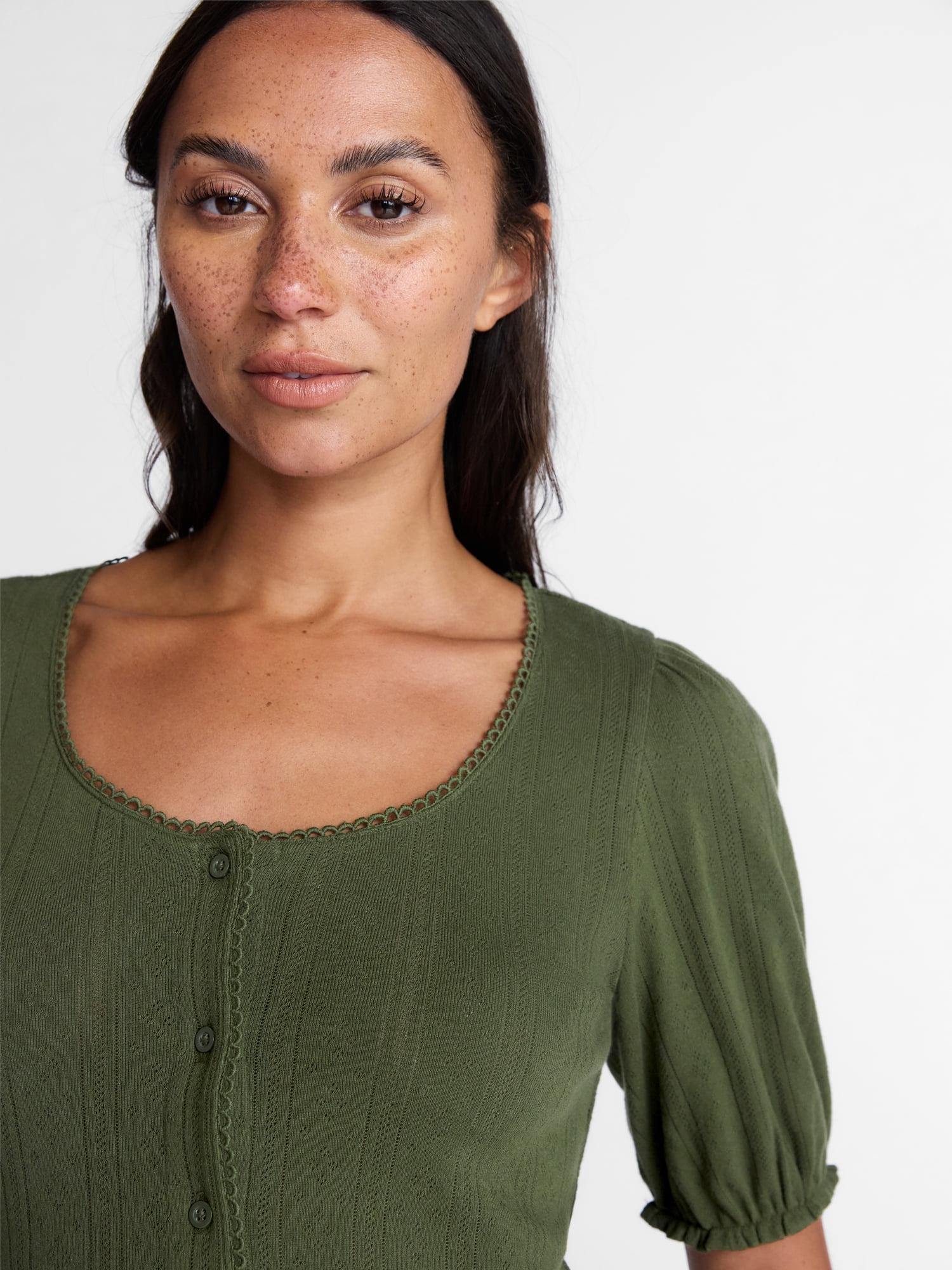 Time and Tru Women's Pointelle Top with Short Sleeves, Sizes XS-XXXL