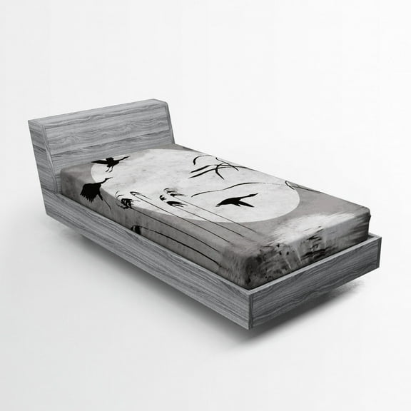 Ambesonne Grunge Fitted Sheet, Heron Birds, Twin XL Size, Black Grey