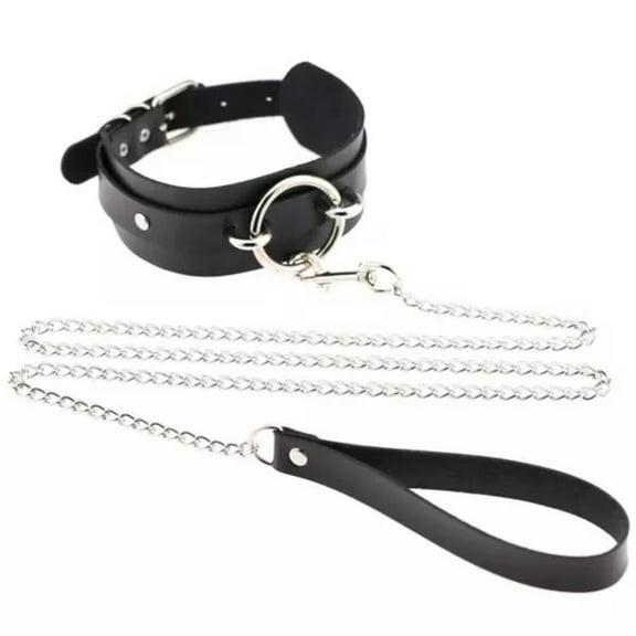 GKNET Gothic Punk O-ring Leather Choker Collar with Chain Leash Set Cosplay Necklace-Black
