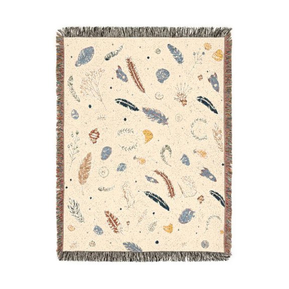 Muted Botanical Feather and Leaf Woven Throw Blanket, 100% Cotton, Nature-Inspired Home Decor
